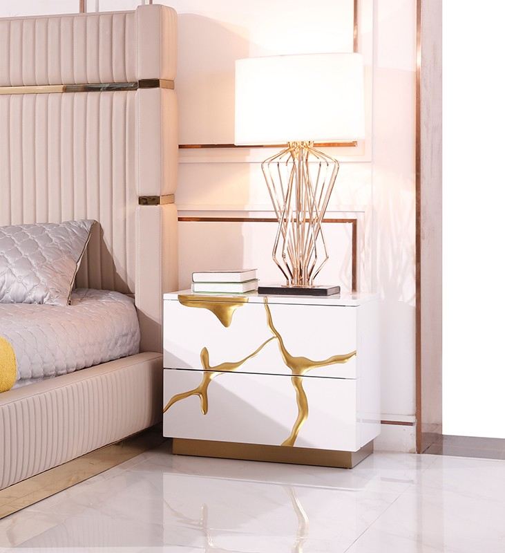 Sterling Eastern King Modern Beige + Rose Gold Bed + Nightstands