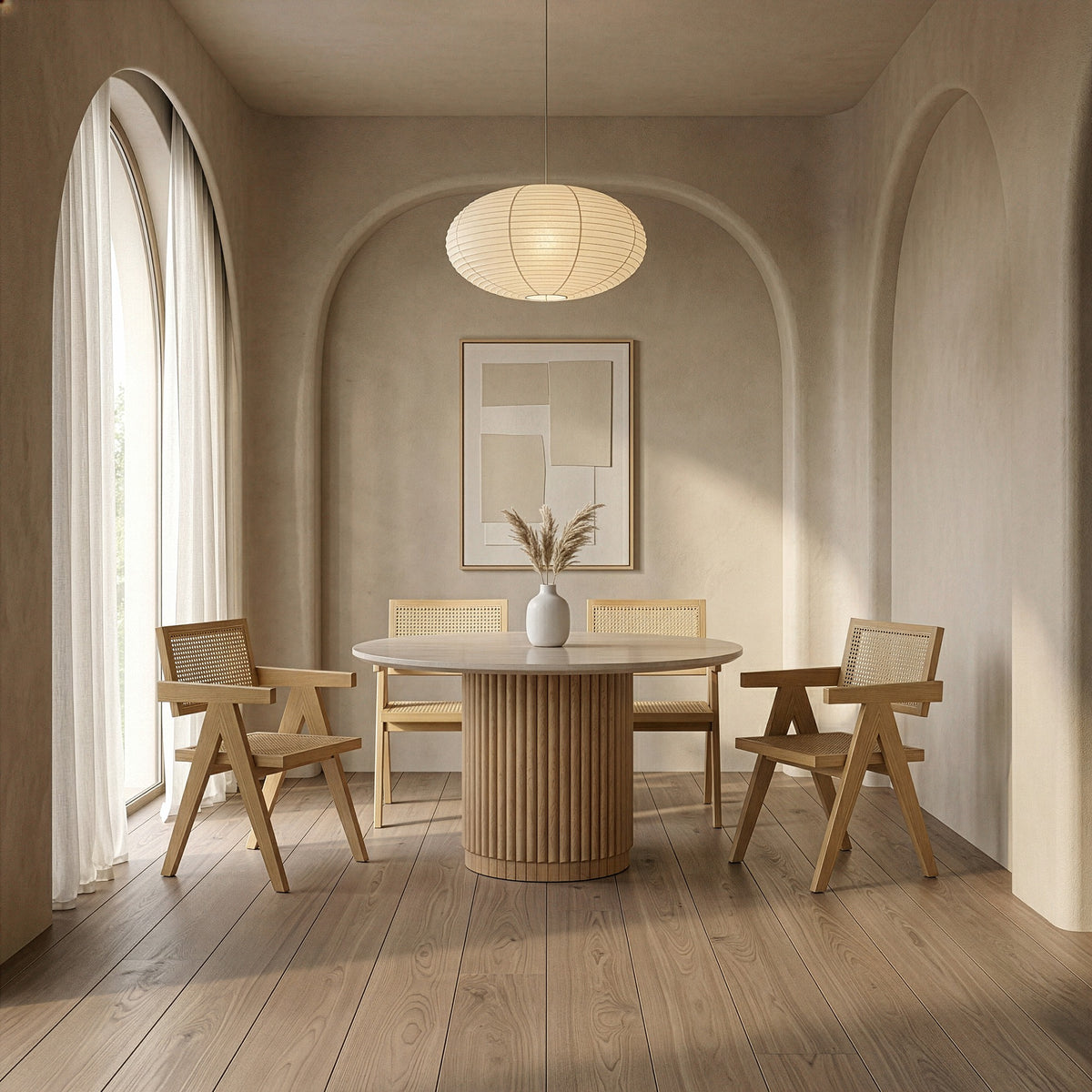 Bambi Modern Botticino Marble + Mango Round Dining Table