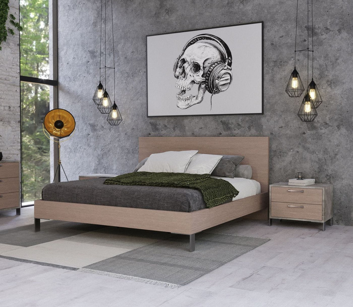 Eastern King Boston Modern Brown Oak & Brushed Stainless Steel Bed