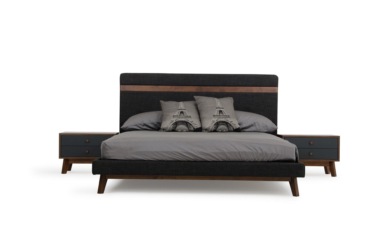 Queen Dali Modern Grey Fabric & Walnut Bed