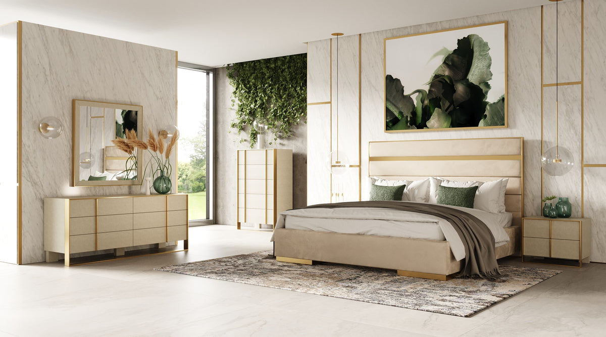 Eastern King Cartier Modern Beige Velvet + Brushed Brass 4-Piece Bedroom Set