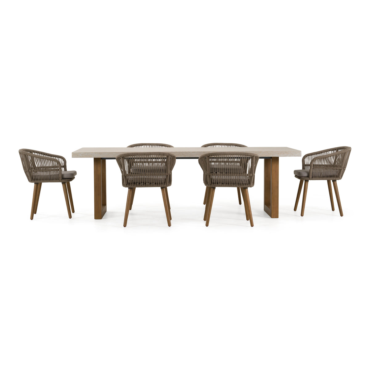 Cascais Outdoor Grey + Faux Travertine + Eucalyptus Dining Table Set
