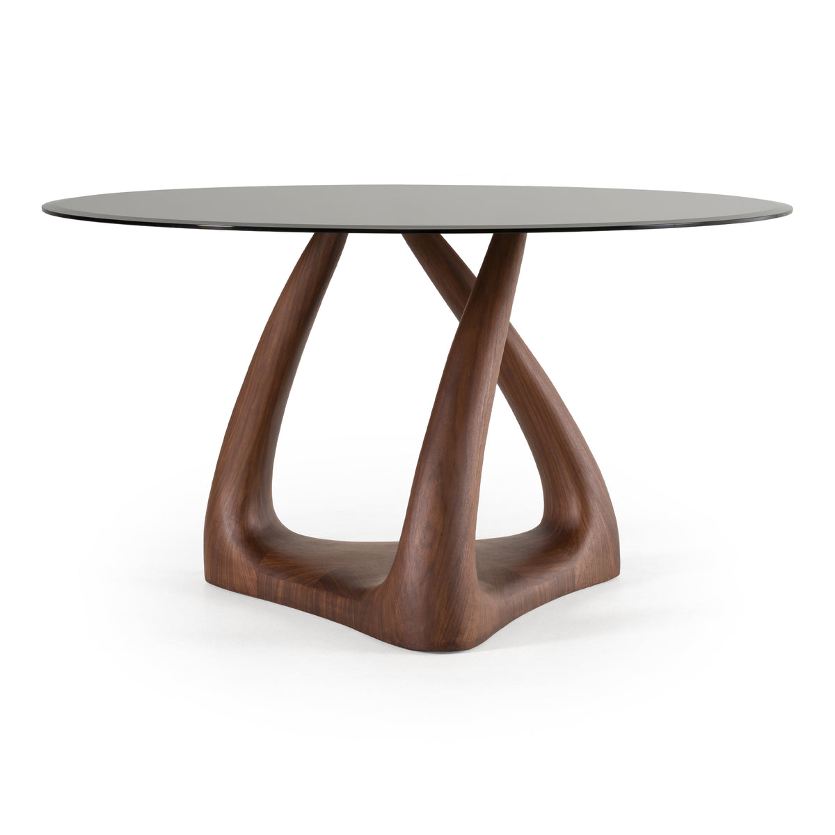Christy Mid-Century Modern Grey Glass + Walnut Round Dining Table