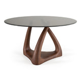 Christy Mid-Century Modern Grey Glass + Walnut Round Dining Table