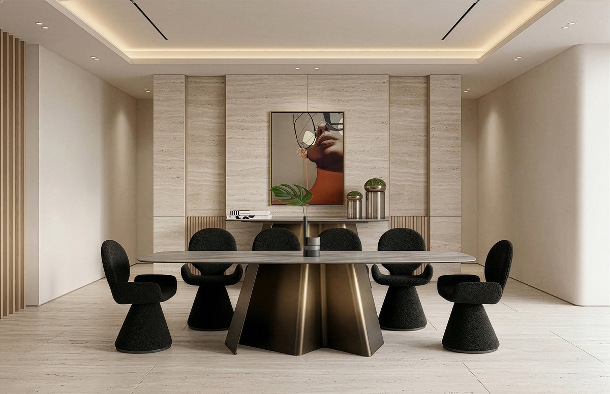 Clifford Contemporary White Ceramic + Brushed Bronze Dining Table
