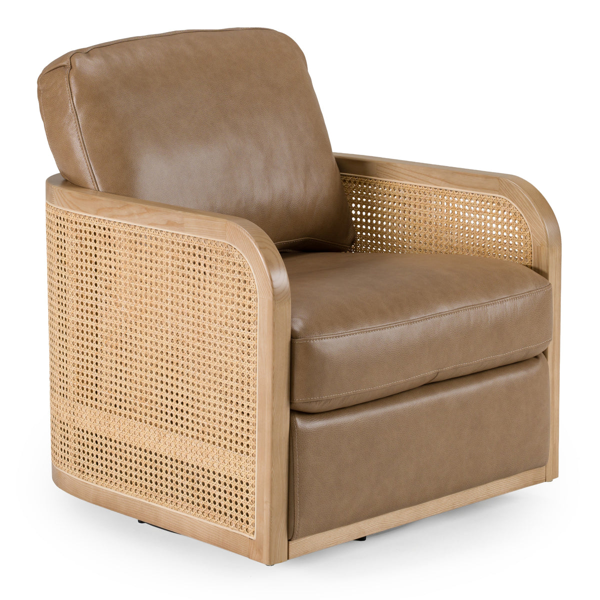 Danson Modern Tan Leather + Wicker Swivel Accent Chair