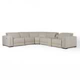Frazier Modern Light Grey Leather Sectional Sofa with 3 Recliners + Console