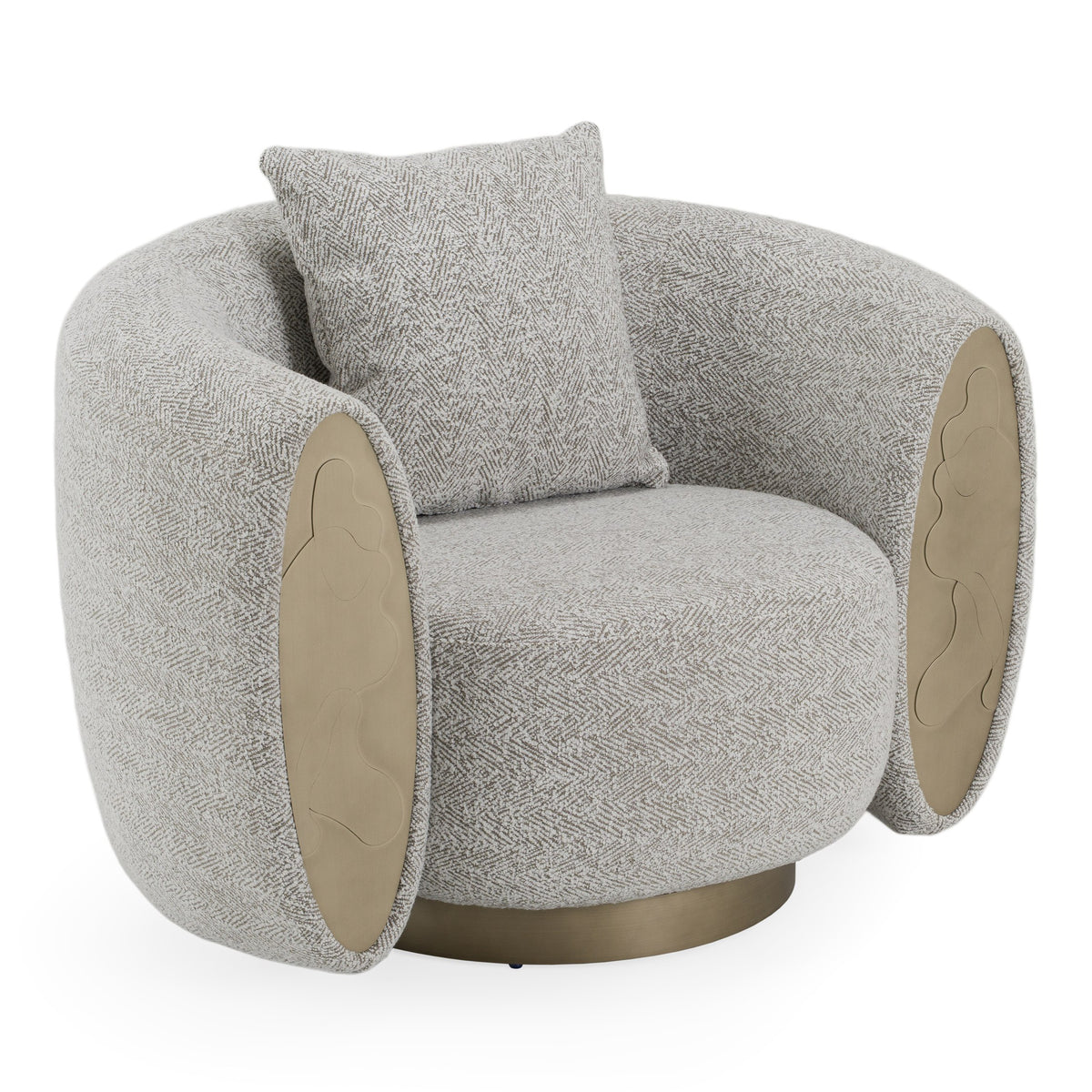 Glimpse Modern White & Brown Fabric + Antique Brass Swivel Accent Chair