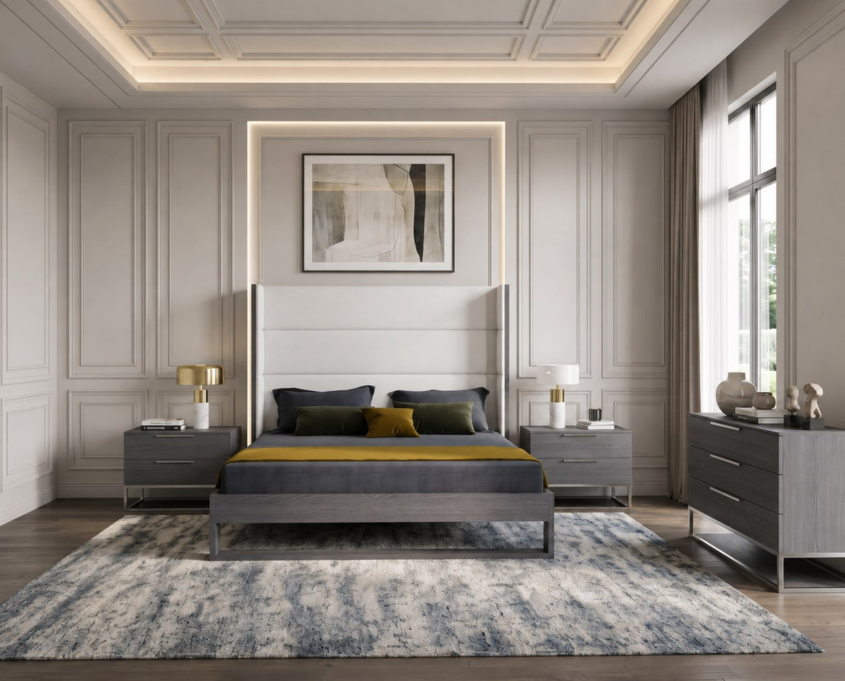 Heloise Contemporary White Leather & Grey Elm 4-Piece Bedroom Set