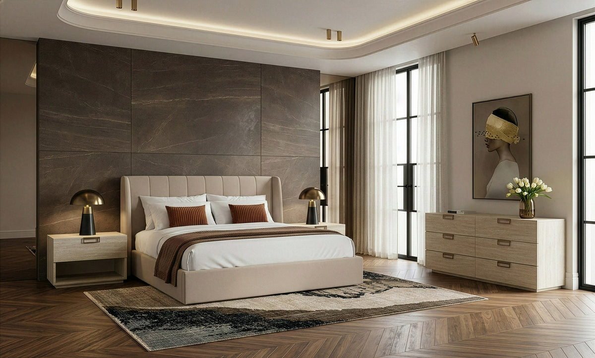 Kiro + Lago Modern Tan Fabric + Faux Travertine 4-Piece Bedroom Set