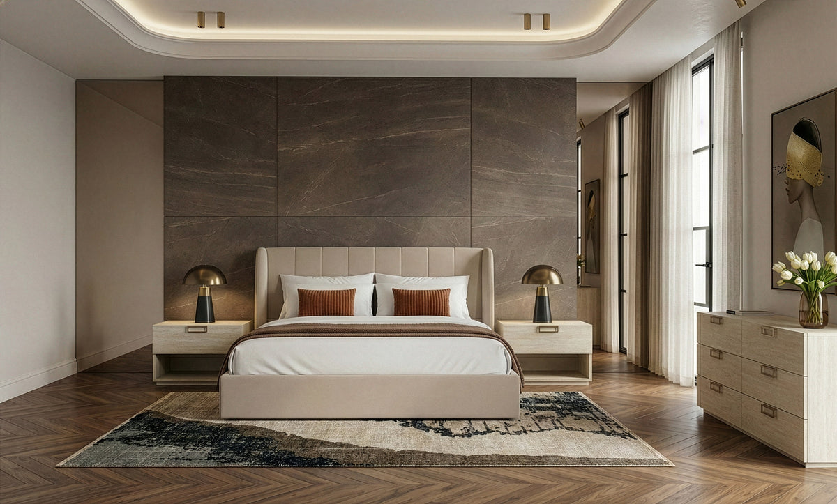 Eastern King Kiro + Lago Modern Tan Fabric + Faux Travertine 4-Piece Bedroom Set