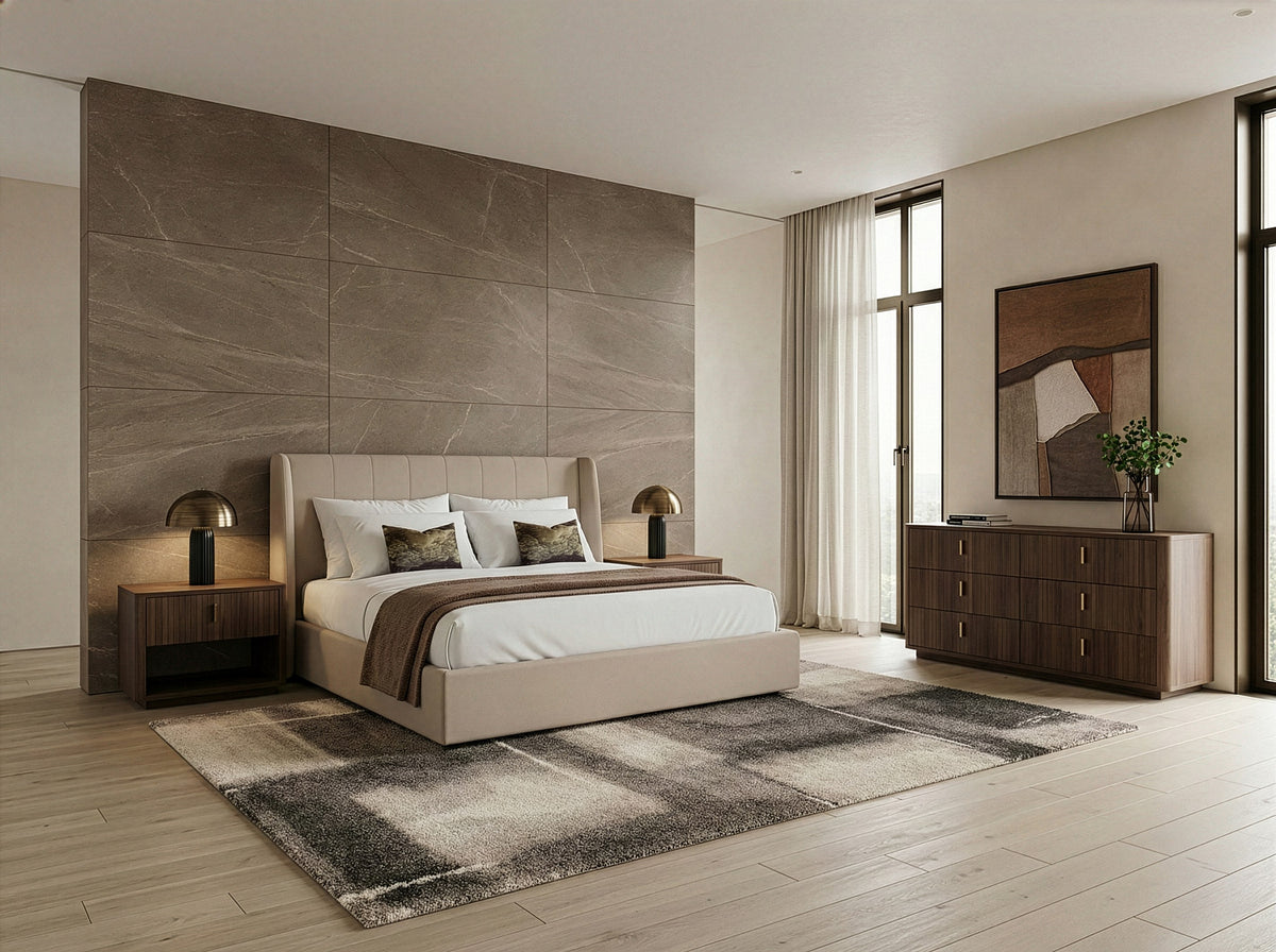 Queen Kiro + Roma Modern Tan Fabric + Walnut 4-Piece Bedroom Set