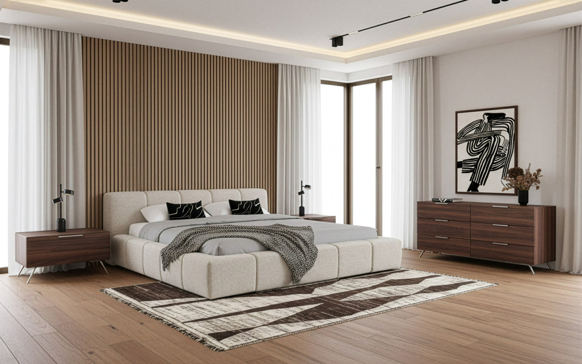 Lamont + Brooklyn Modern Beige Fabric + Walnut 4-Piece Bedroom Set