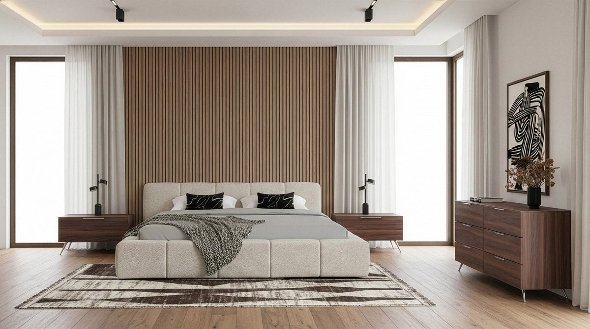 Eastern King Lamont + Brooklyn Modern Beige Fabric + Walnut 4-Piece Bedroom Set