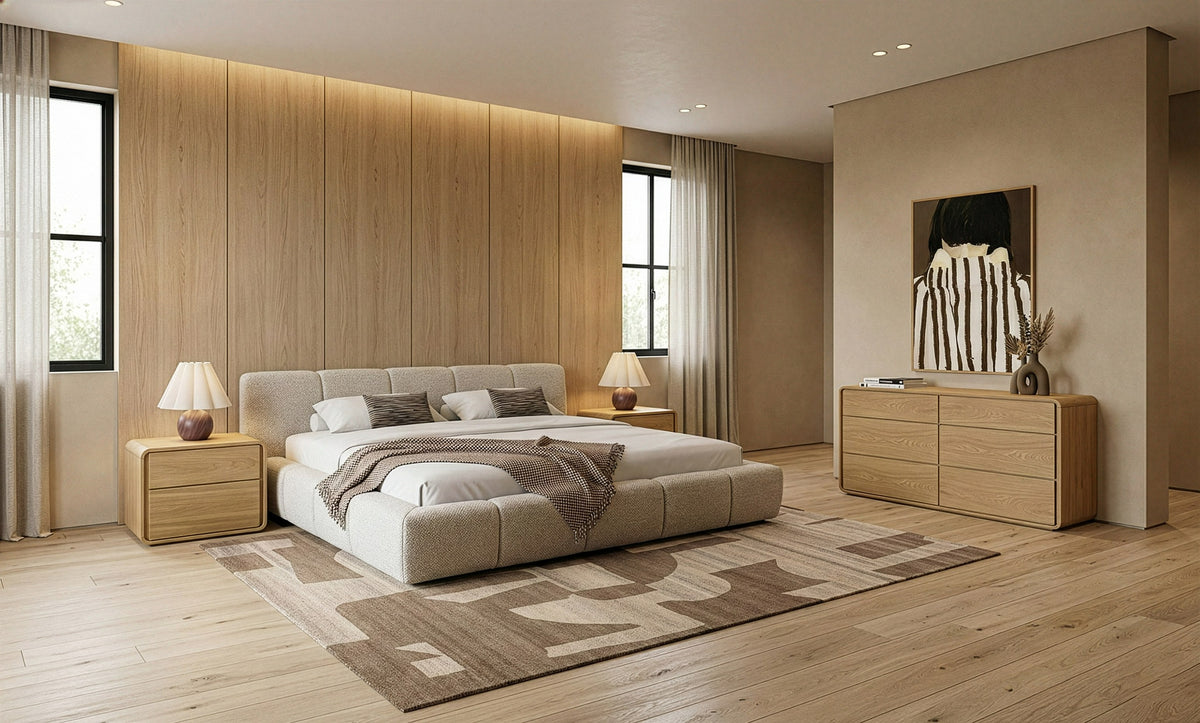 Lamont + Dustin Modern Beige Fabric + Natural Oak 4-Piece Bedroom Set