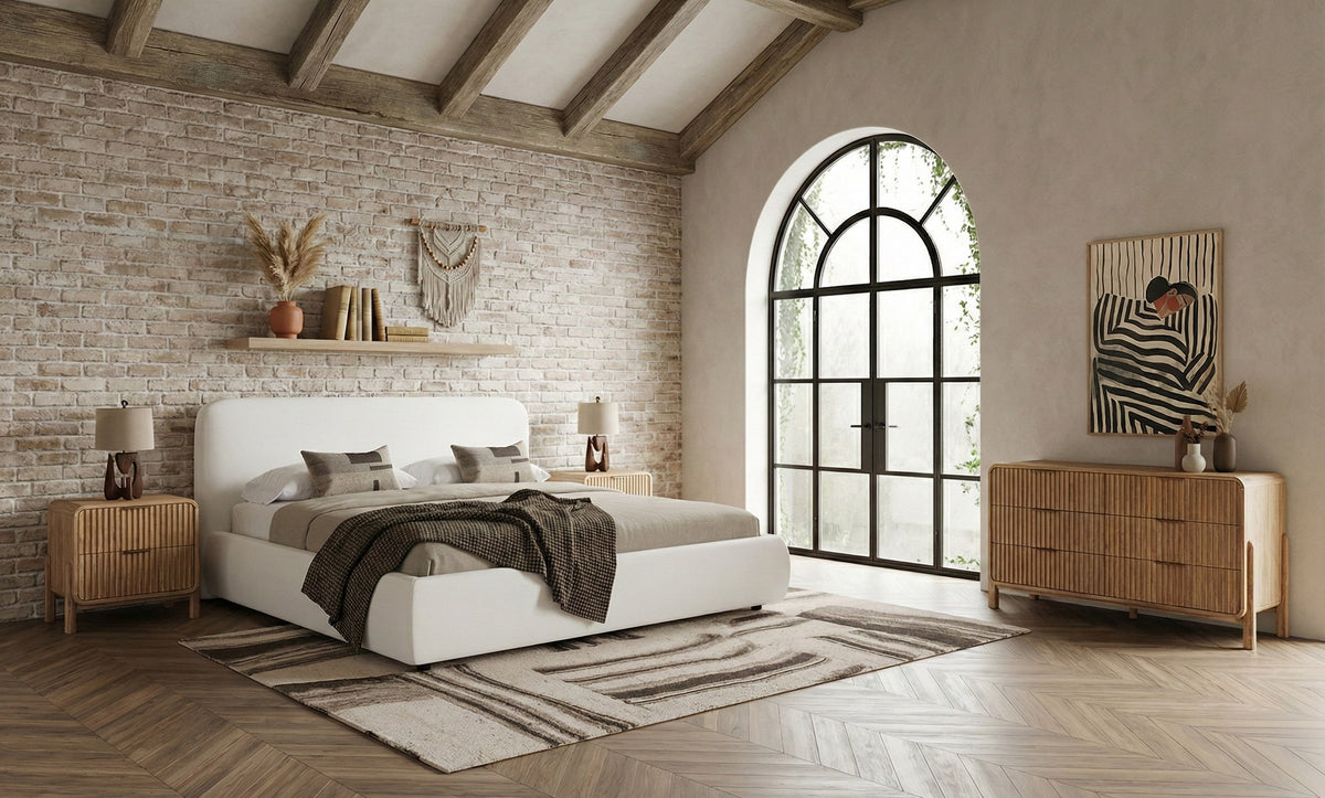 Liam + Mikala Modern Ivory Fabric + Natural Oak 4-Piece Bedroom Set