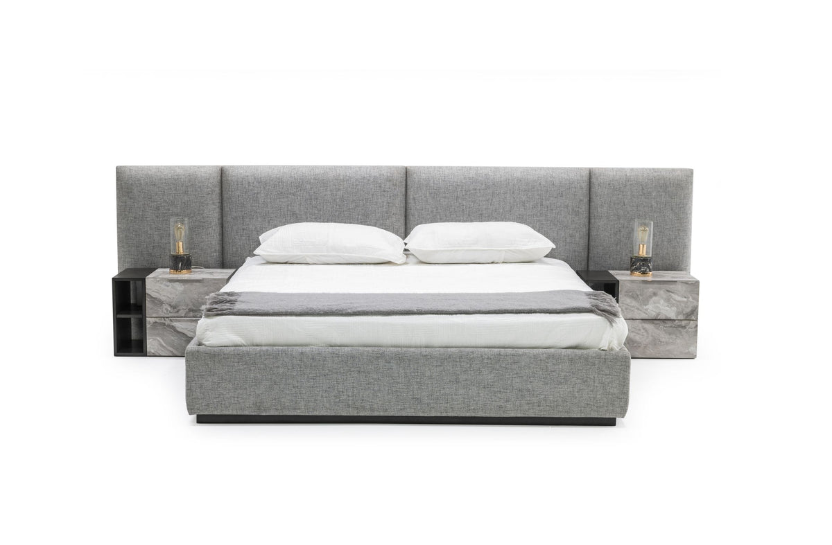 Eastern King Maranello Modern Grey Fabric Bed with Two Nightstands