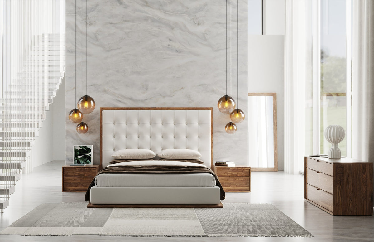 Eastern King Amberlie Modern White Vegan Leather + Walnut 4-Piece Bedroom Set