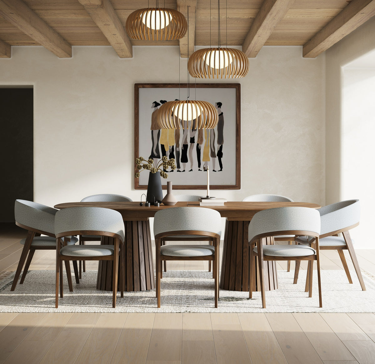 Truman Mid-Century Modern Walnut Extendable Dining Table + 8 Chairs Set