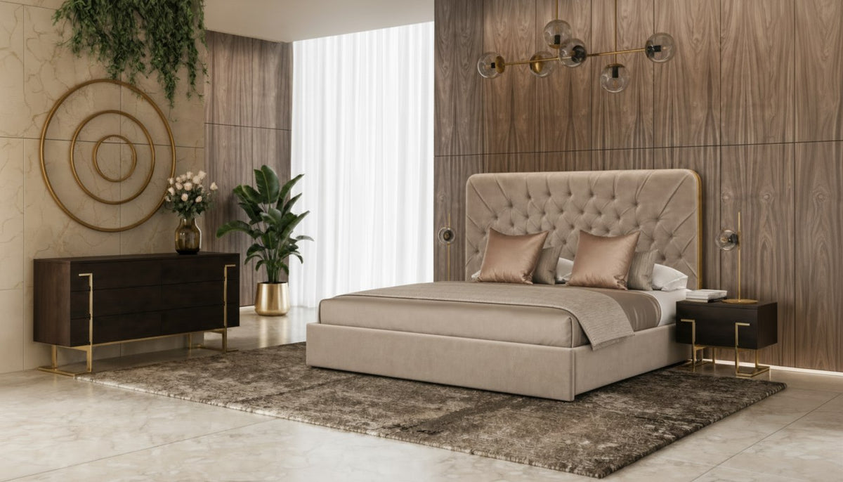 Moontide Glam Beige Velvet and Brushed Brass 4-Piece Bedroom Set