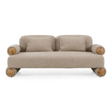 Odette Modern Beige Fabric + White Burl Loveseat Sofa