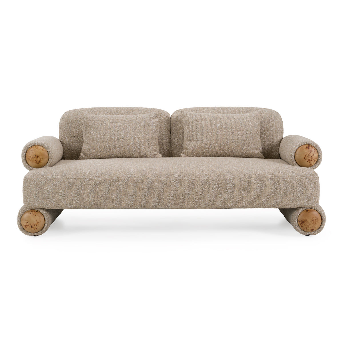 Odette Modern Beige Fabric + White Burl Loveseat Sofa