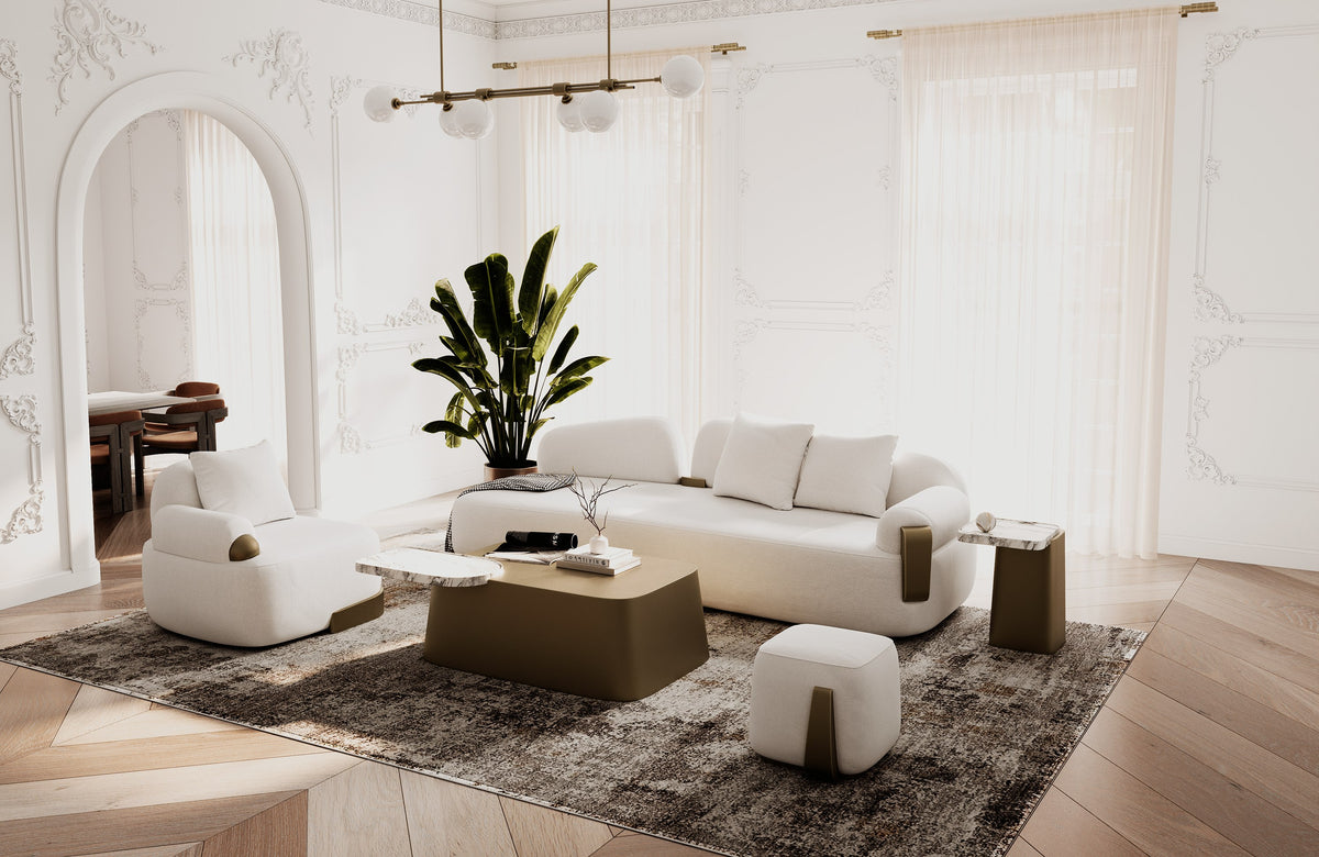 Rainier Contemporary Off-White Fabric + Antique Brass Ottoman