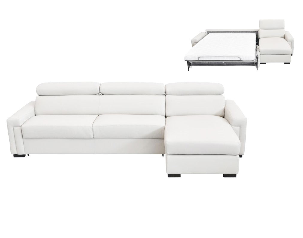 Sacha Modern White Leather Reversible Sectional Sofa Bed with Storage