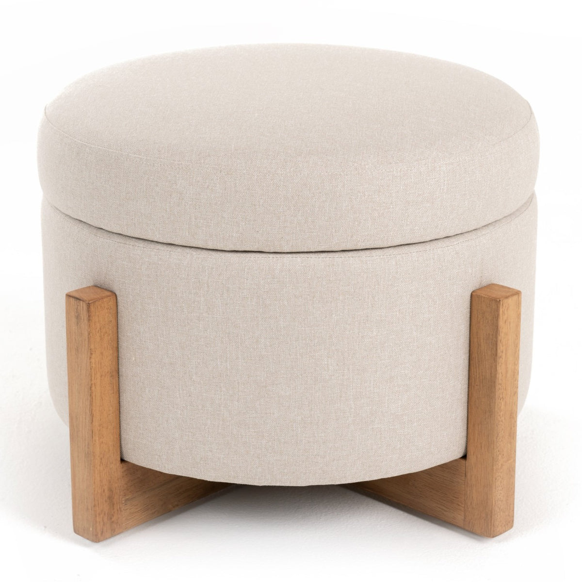 Sada Mid-Century Modern Beige Linen + Chestnut Round Ottoman