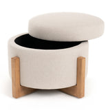 Sada Mid-Century Modern Beige Linen + Chestnut Round Ottoman