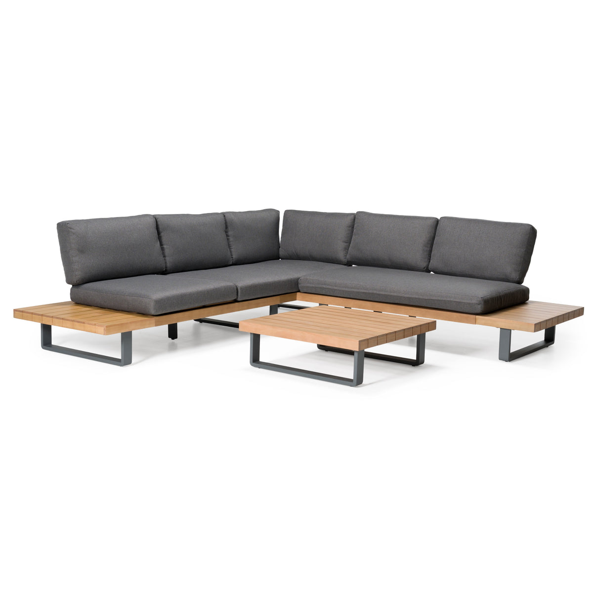 Skaros Outdoor Grey Olefin Fabric + Eucalyptus Sectional Sofa + Coffee Table Set