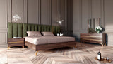 Calabria Modern Walnut & Green Velvet Bed & Nightstands