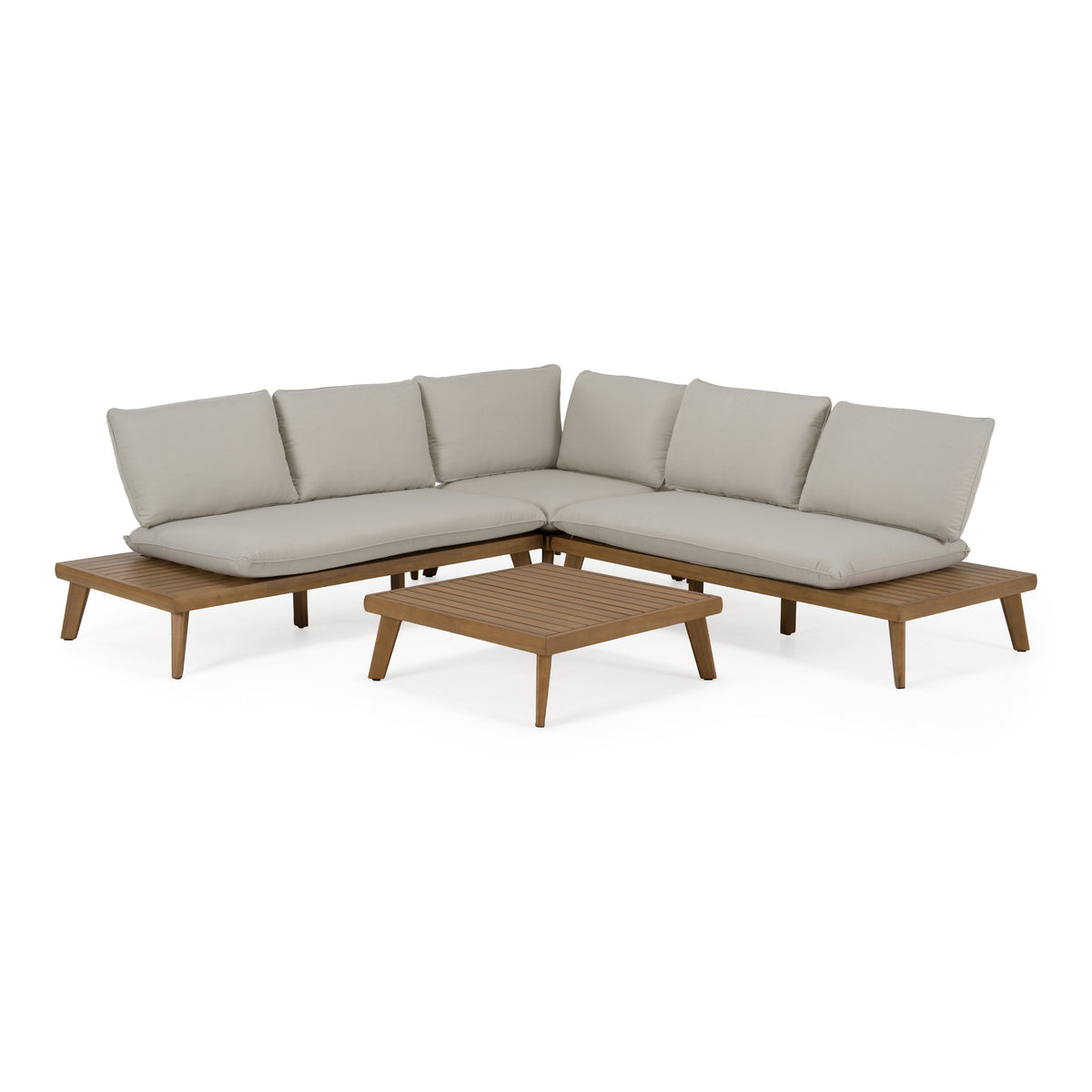 Tavira Outdoor Off-White Fabric + Eucalyptus Sectional Sofa + Coffee Table Set