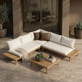 Tavira Outdoor Off-White Fabric + Eucalyptus Sectional Sofa + Coffee Table Set