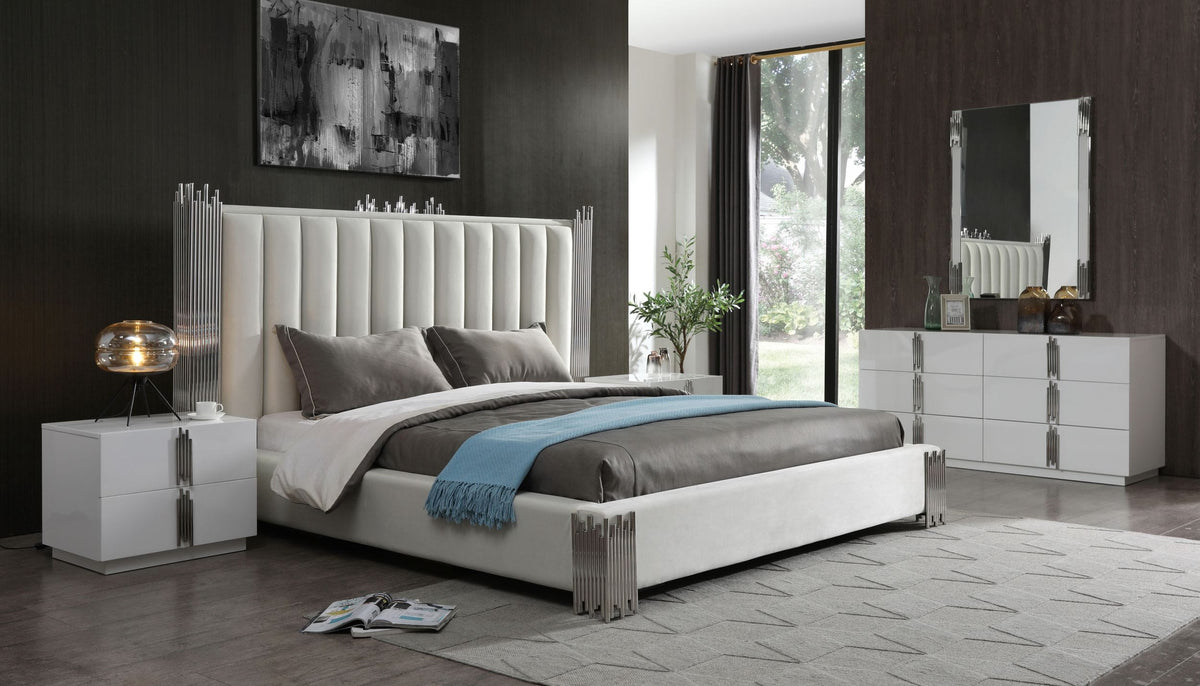 Eastern King Token Modern White & Stainless Steel Bedroom Set