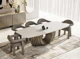 Moorgate Modern Travertine Ceramic + Bronze Dining Table