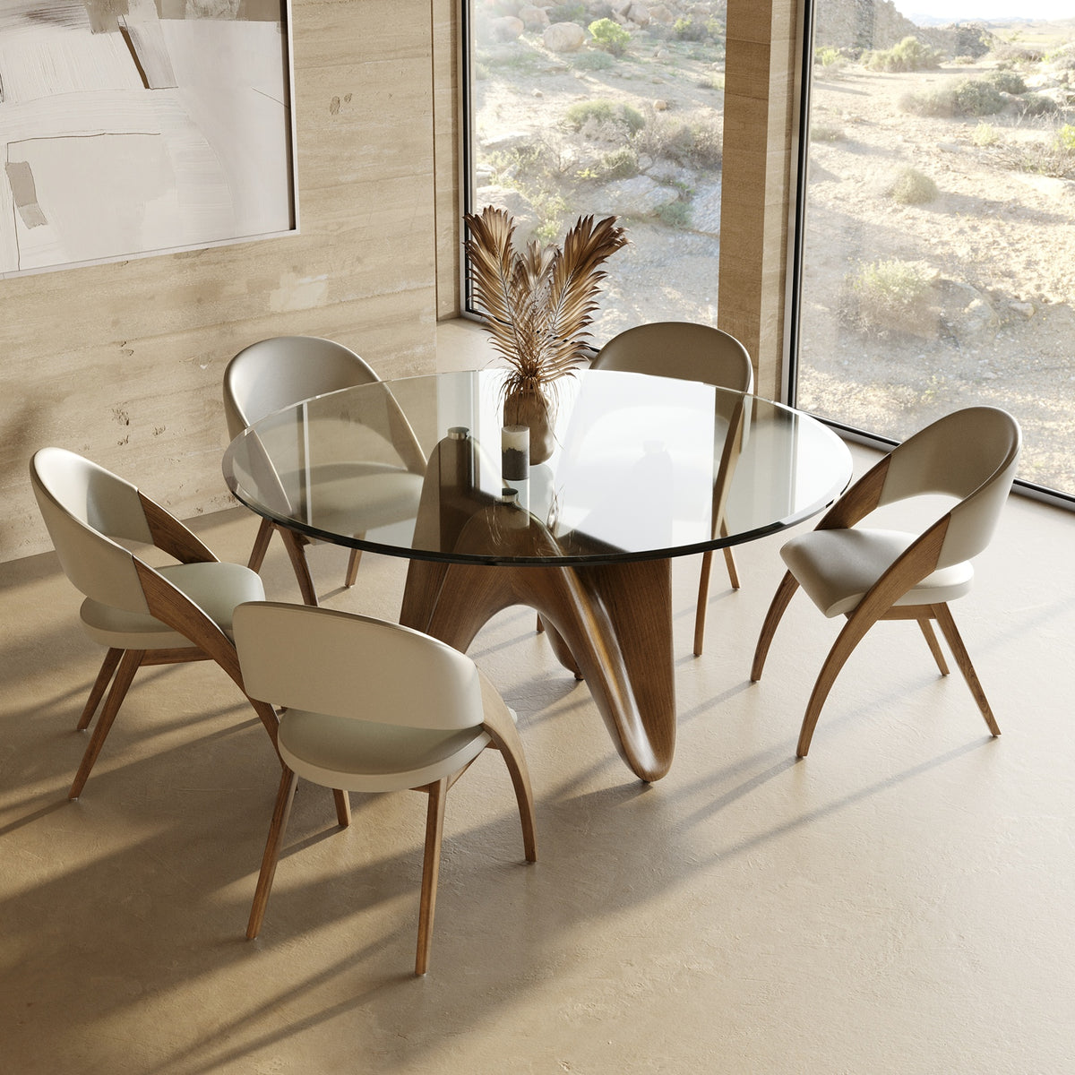 Seguin Round Glass + Walnut Dining Table