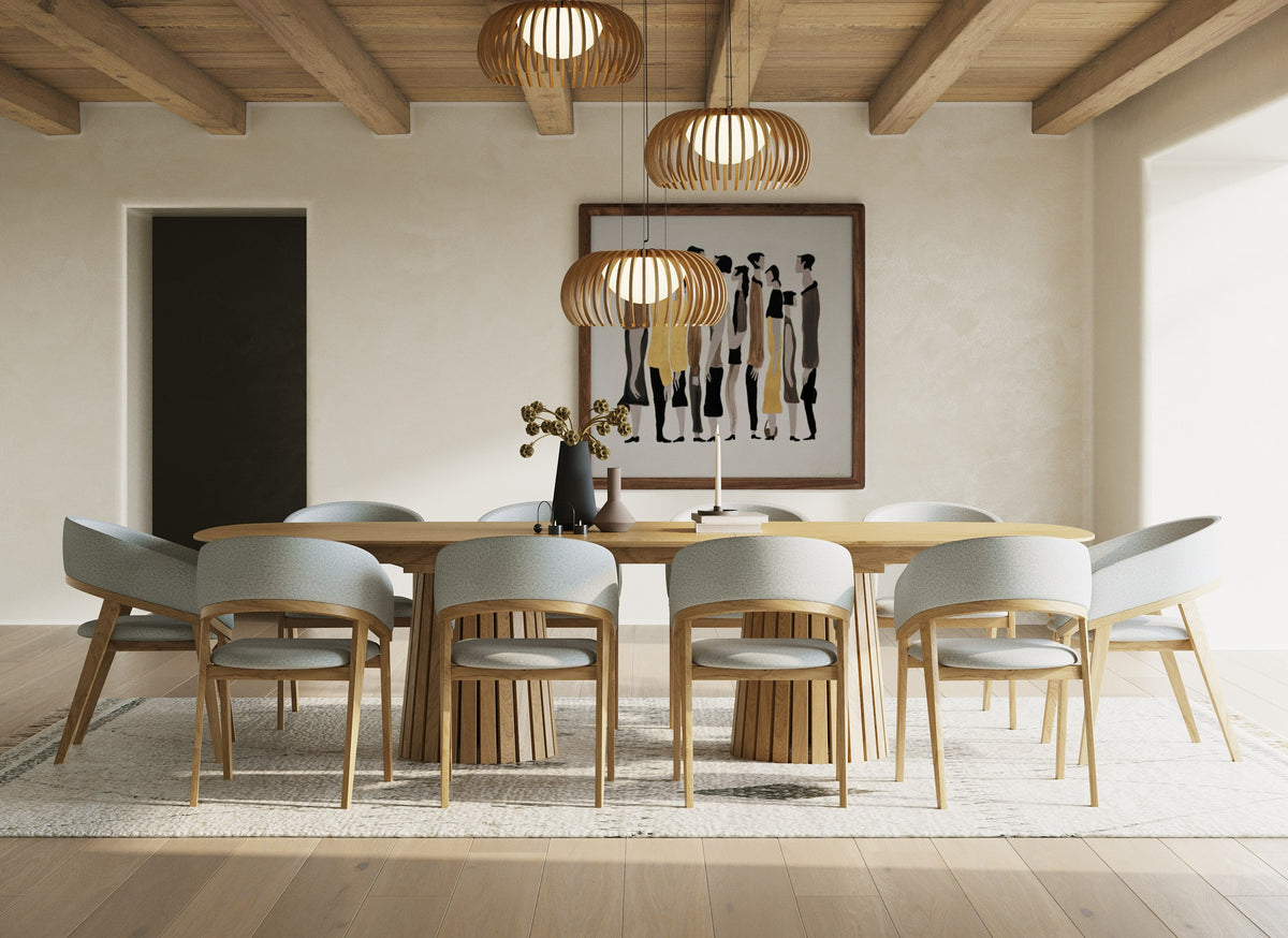 Truman Mid-Century Modern Natural Oak Extendable Dining Table + 10 Chairs Set