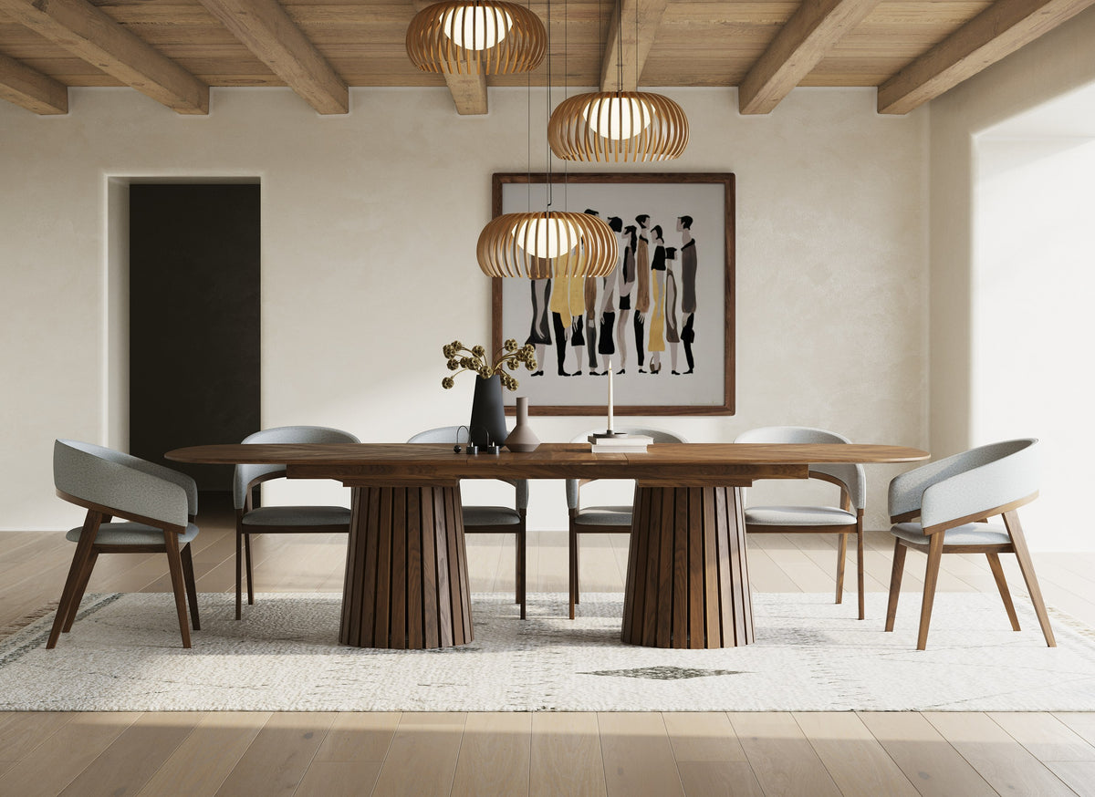 Truman Mid-Century Modern Walnut Extendable Dining Table + 6 Chairs Set