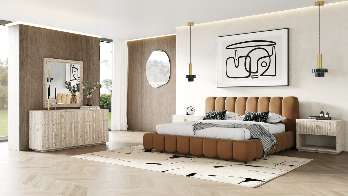 Queen Harris + Roma Modern Brown Fabric + Faux Travertine 4-Piece Bedroom Set