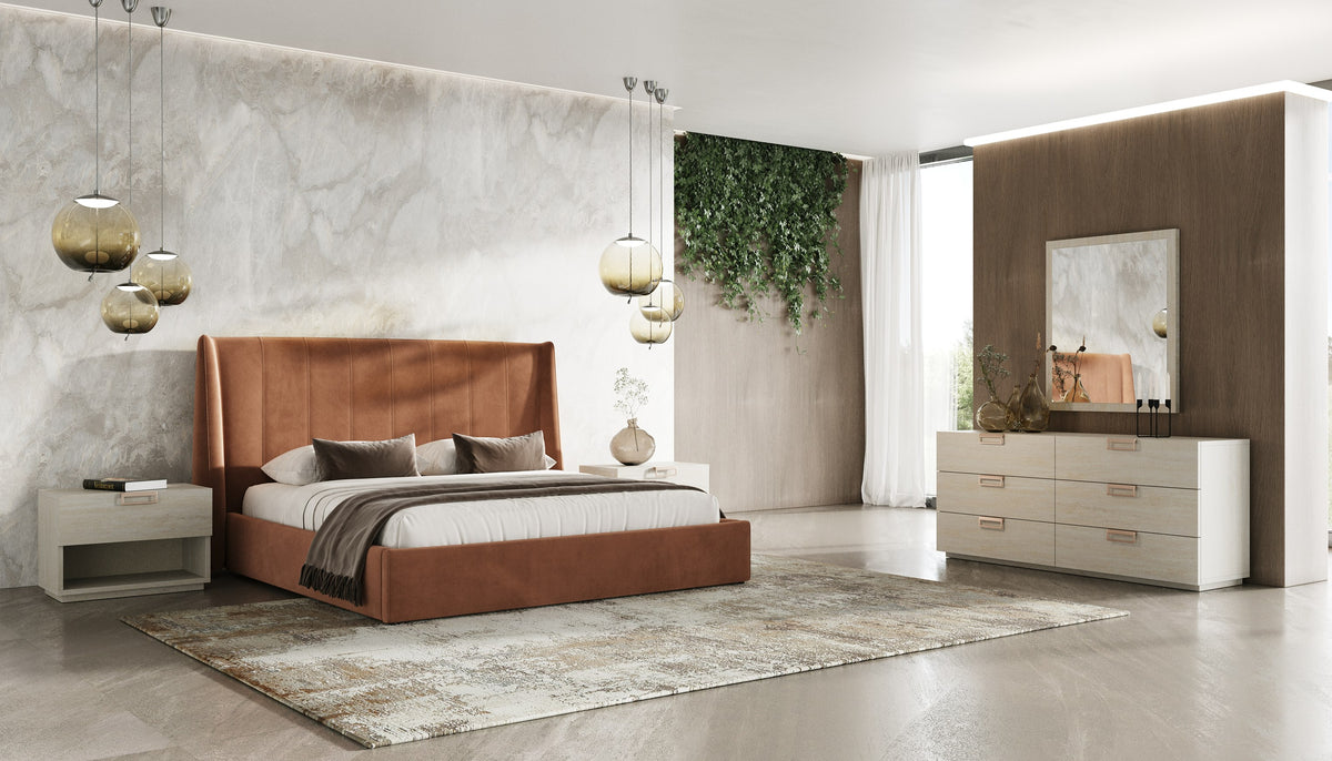 Queen Roma + Lago Modern Burnt Orange Microfiber + Faux Travertine 4-Piece Bedroom Set