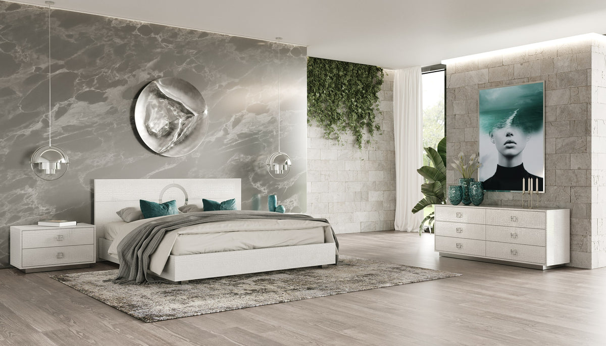 Eastern King Ovidius + Victoria Modern White Crocodile Lacquer Bedroom Set