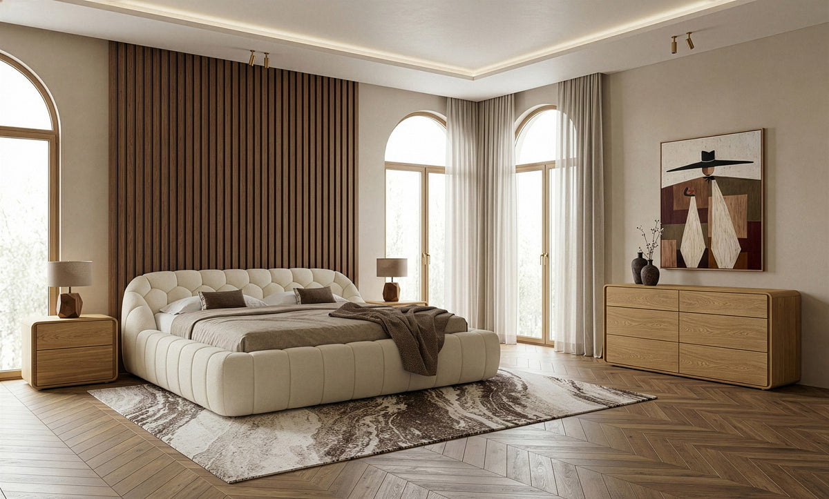 Queen Yolonda + Dustin Modern Off-White Fabric + Natural Oak 4-Piece Bedroom Set
